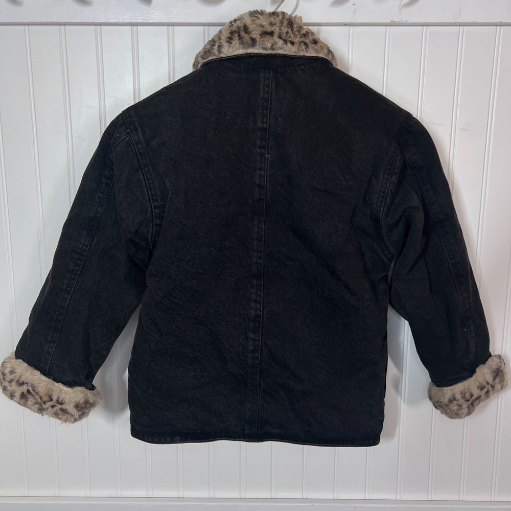 Vtg 90s Denim Jacket Girls Glam Black Faux Leopard Fur KC Collections Size L - Picture 3 of 12